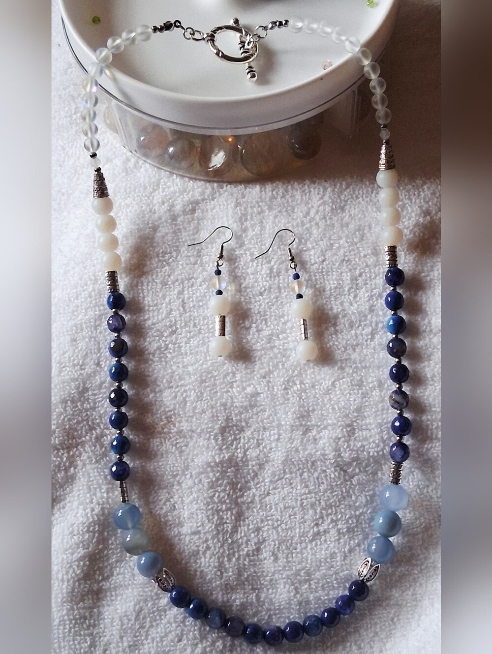 Blue & White Beaded Necklace with Matching Earrings Handmade